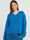 A woman wearing a bright blue knit sweater with star-shaped cutout details on the front, paired with blue jeans, against a plain light gray studio background.
