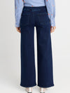 Back view of a person wearing dark blue wide-leg denim jeans with a light blue and white striped shirt and white shoes, against a light gray studio background.