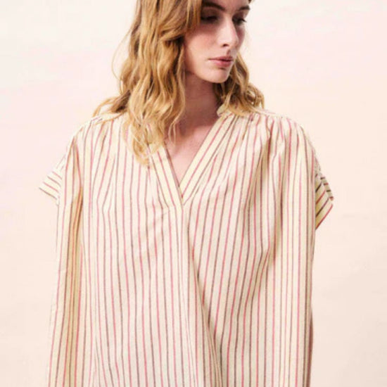 Butter yellow striped cotton blouse with a relaxed fit, button front.