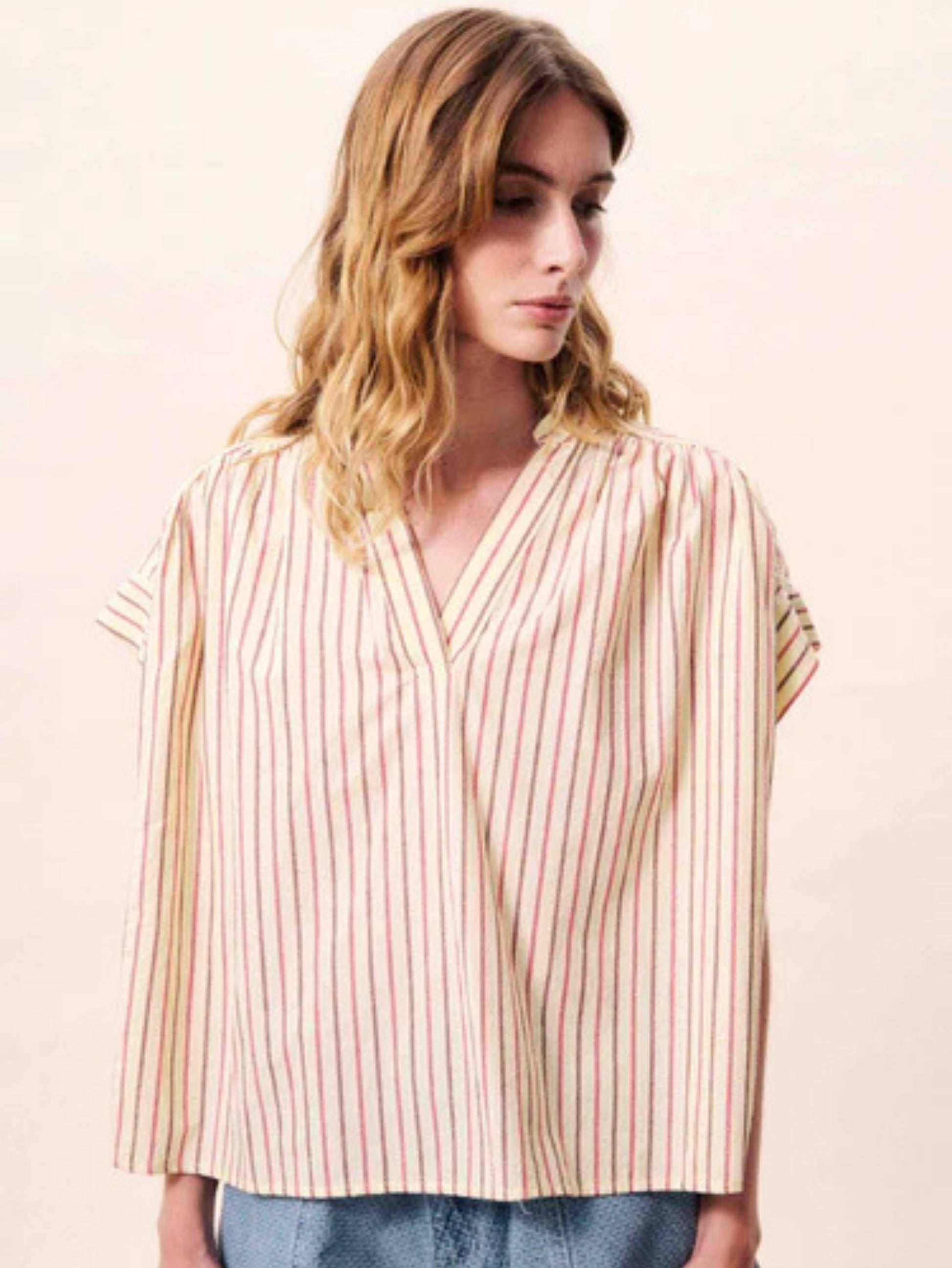 Butter yellow striped cotton blouse with a relaxed fit, button front.
