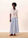Light blue gingham A line midi skirt with a flowing silhouette.