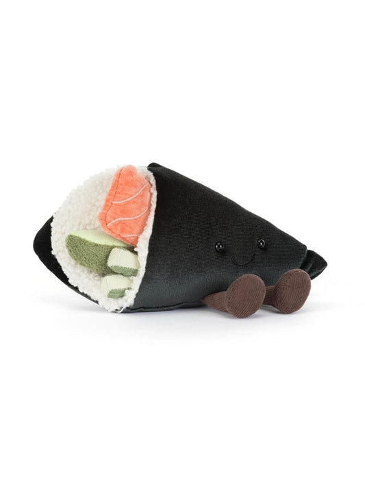 A plush sushi toy with a black exterior, white sherpa rice, green cucumber, orange salmon, and brown feet, shown on a clean white background.
