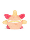 A plush toy character shown from the back, featuring a peach-colored body, bright pink ears and feet, and a yellow horn on top, with a white and yellow striped band around its waist, set against a plain white background.