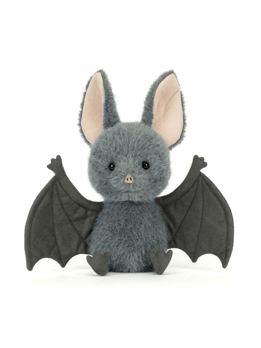 A plush toy bat in medium gray with large black wings, pink inner ears, and small black feet, sitting against a plain white background.