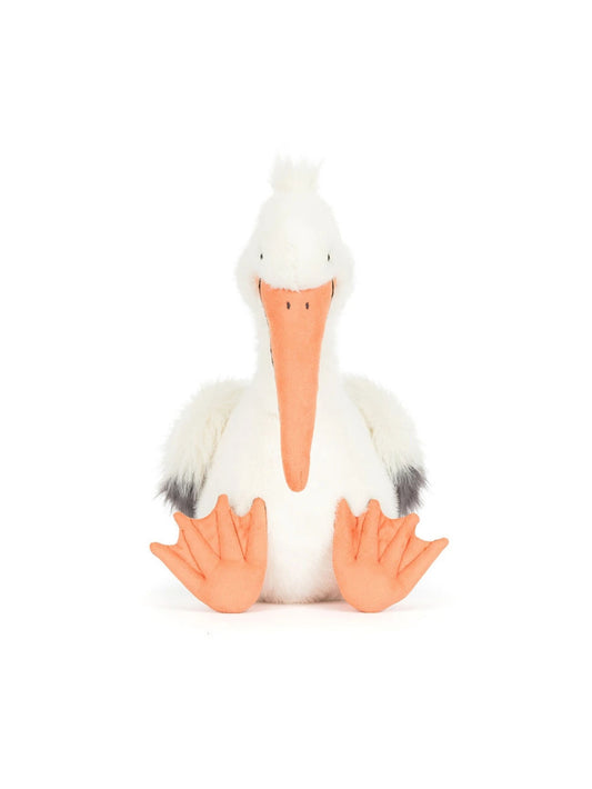 A plush stuffed pelican toy with a white body, bright orange beak and feet, and small dark gray wing tips, centered on a plain white background.
