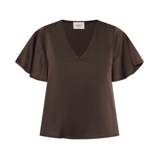 A dark brown short-sleeve V-neck top with flutter sleeves, displayed on a clean white background.