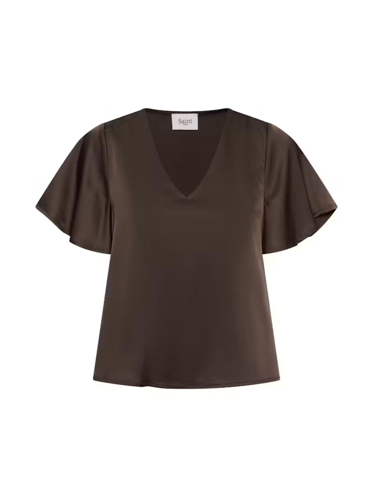 A dark brown short-sleeve V-neck top with flutter sleeves, displayed on a clean white background.