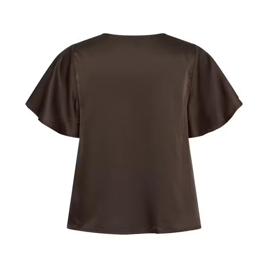 A dark brown short-sleeve top with a relaxed, slightly draped silhouette, shown from the back on a plain white background.