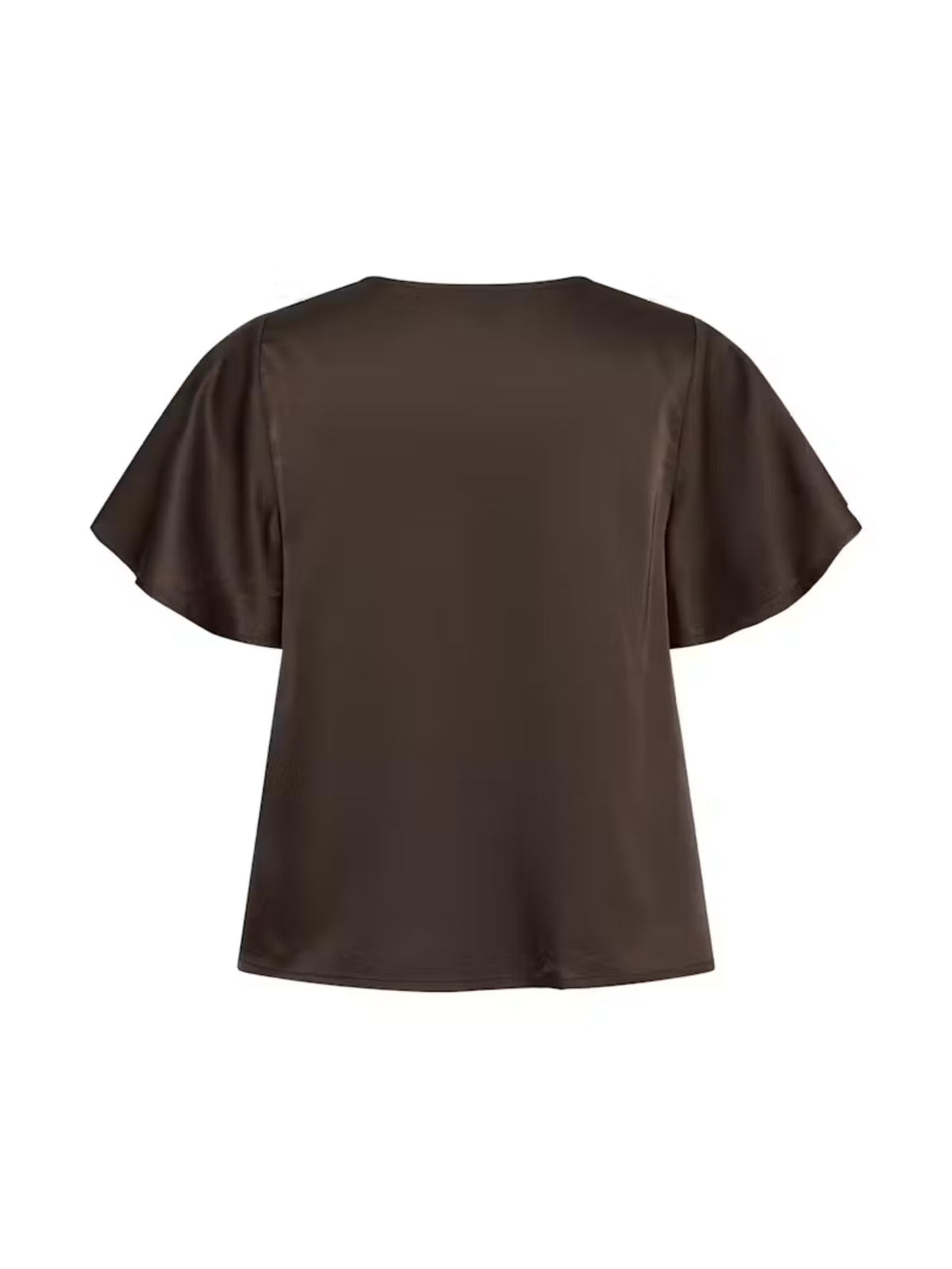 A dark brown short-sleeve top with a relaxed, slightly draped silhouette, shown from the back on a plain white background.