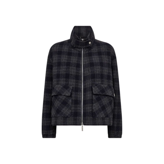 A dark navy and black plaid zip-up jacket with a high stand collar and two front flap pockets, shown on a plain white background.