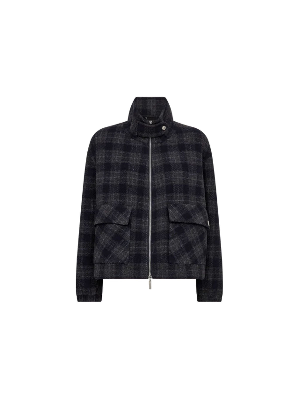 A dark navy and black plaid zip-up jacket with a high stand collar and two front flap pockets, shown on a plain white background.
