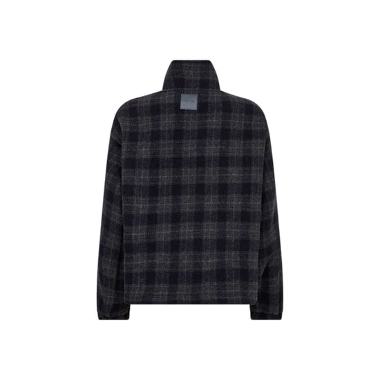 A dark navy and black plaid long-sleeve shirt jacket with a high stand-up collar, shown flat against a plain white background.