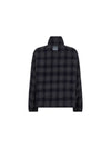 A dark navy and black plaid long-sleeve shirt jacket with a high stand-up collar, shown flat against a plain white background.
