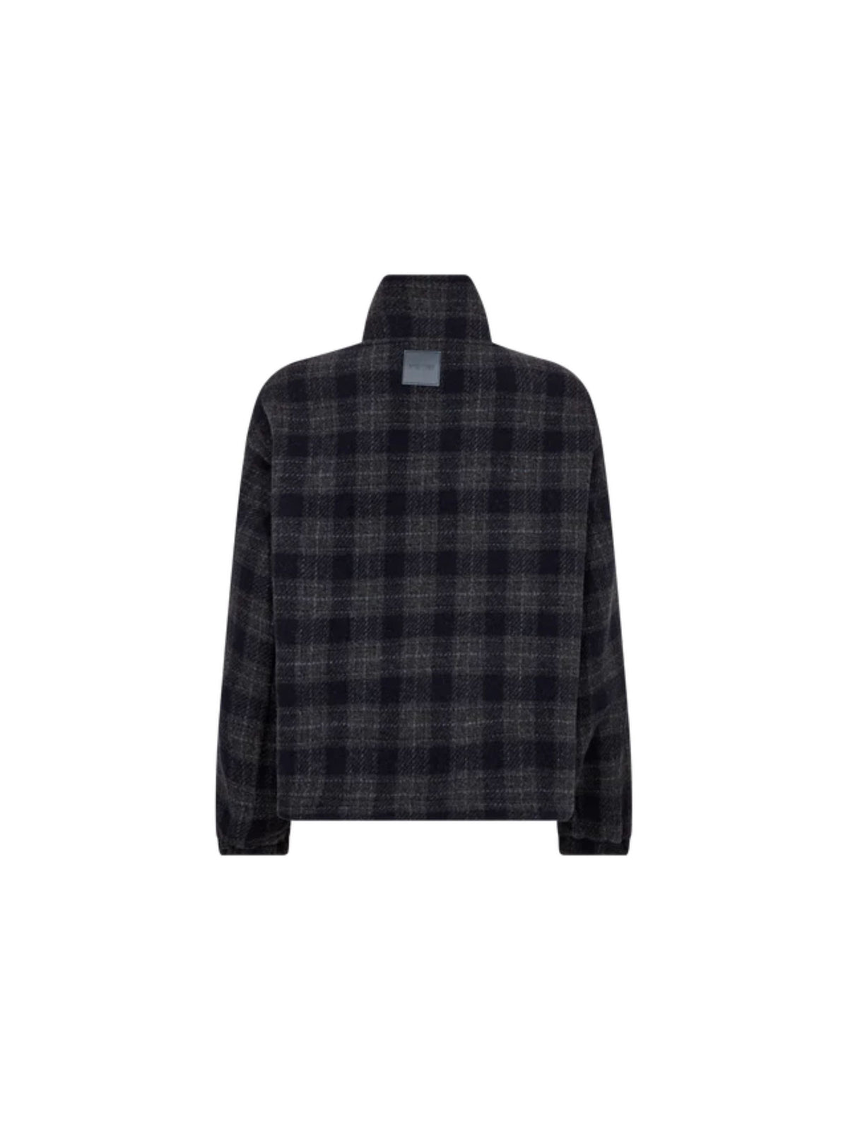 A dark navy and black plaid long-sleeve shirt jacket with a high stand-up collar, shown flat against a plain white background.