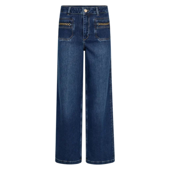A pair of dark blue wide-leg denim jeans with decorative gold chain embellishments on the back pockets, shown against a plain white background.