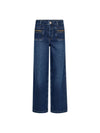 A pair of dark blue wide-leg denim jeans with decorative gold chain embellishments on the back pockets, shown against a plain white background.