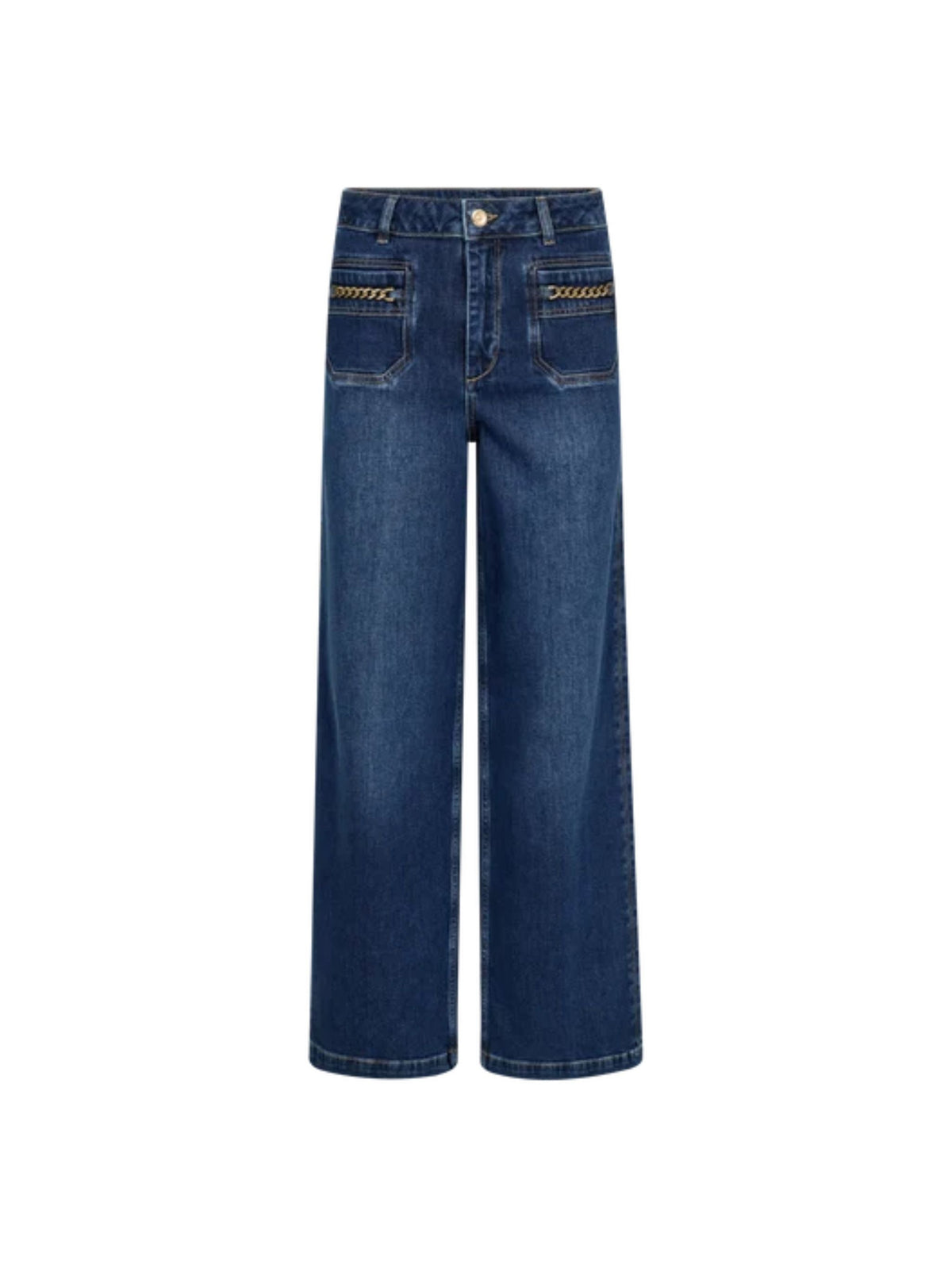 A pair of dark blue wide-leg denim jeans with decorative gold chain embellishments on the back pockets, shown against a plain white background.