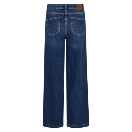 Back view of dark blue wide-leg denim jeans with a brown leather patch on the waistband, shown against a plain white background.