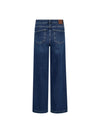 Back view of dark blue wide-leg denim jeans with a brown leather patch on the waistband, shown against a plain white background.