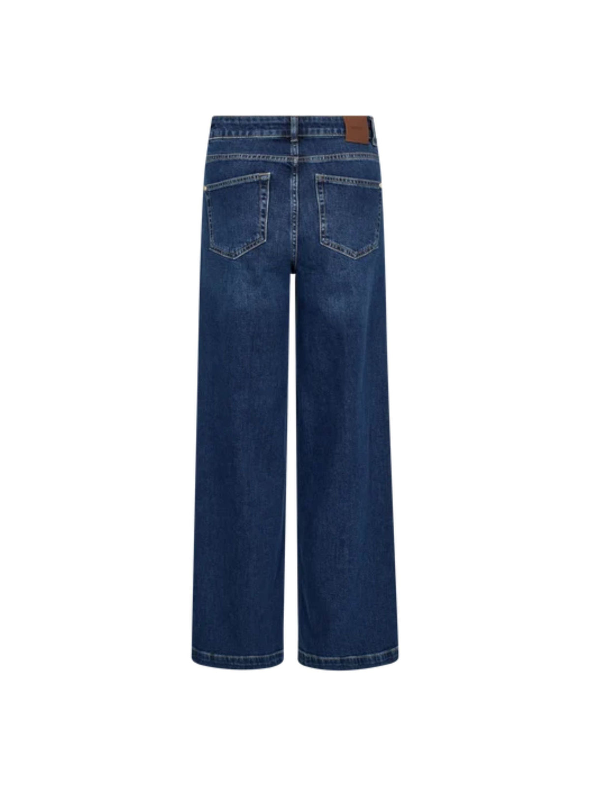 Back view of dark blue wide-leg denim jeans with a brown leather patch on the waistband, shown against a plain white background.