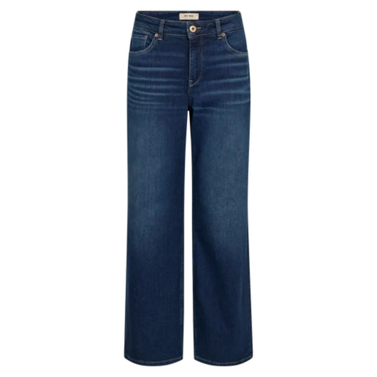 A pair of dark blue wide-leg jeans with a straight-to-slightly-flared leg, shown flat against a solid white background.