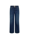 A pair of dark blue wide-leg jeans with a straight-to-slightly-flared leg, shown flat against a solid white background.