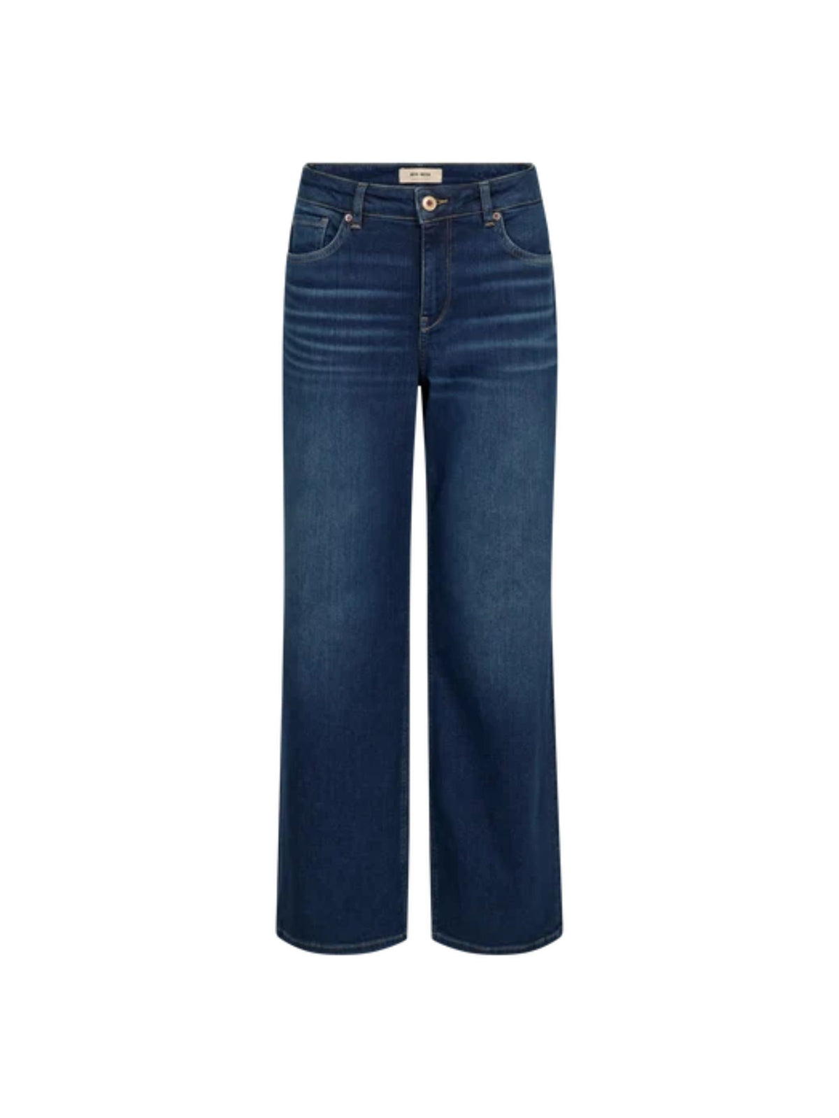A pair of dark blue wide-leg jeans with a straight-to-slightly-flared leg, shown flat against a solid white background.