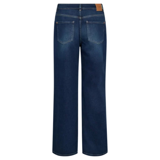 Back view of dark blue denim jeans with a straight-leg fit, showing the back pockets and a brown leather brand patch at the waistband, set against a plain white background.