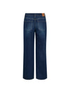 Back view of dark blue denim jeans with a straight-leg fit, showing the back pockets and a brown leather brand patch at the waistband, set against a plain white background.