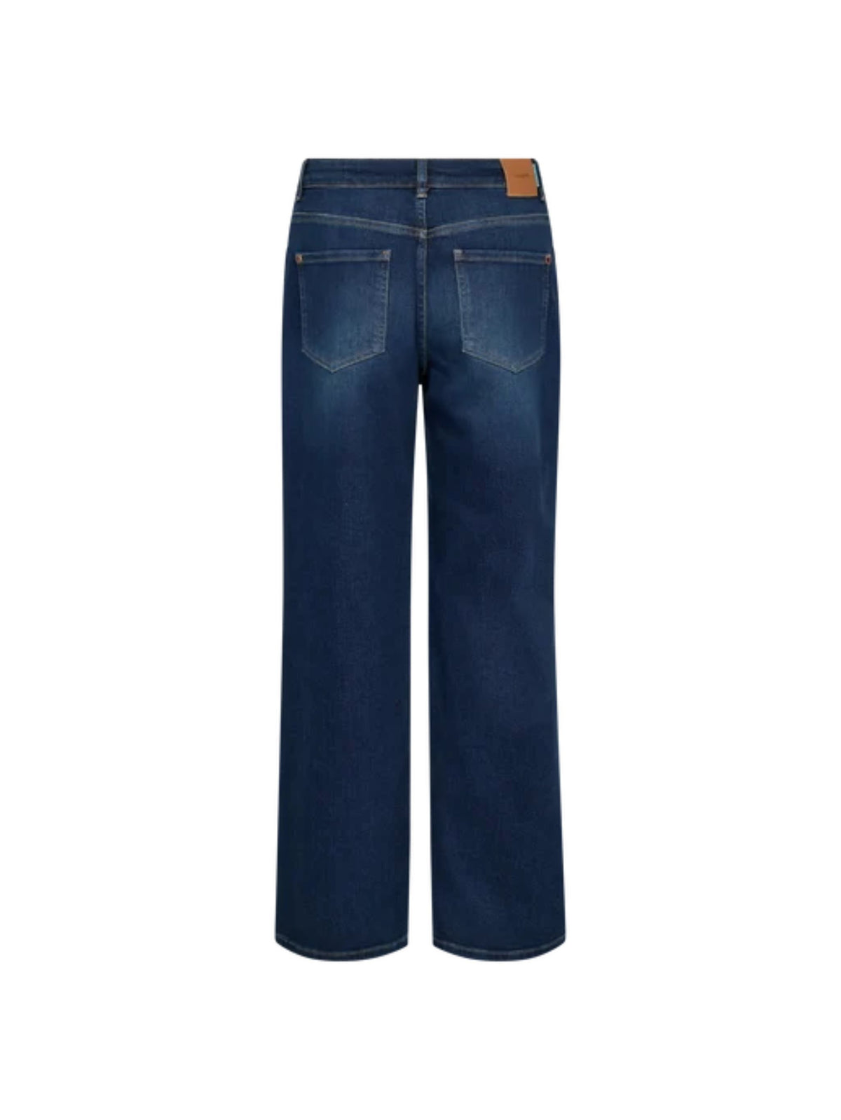 Back view of dark blue denim jeans with a straight-leg fit, showing the back pockets and a brown leather brand patch at the waistband, set against a plain white background.