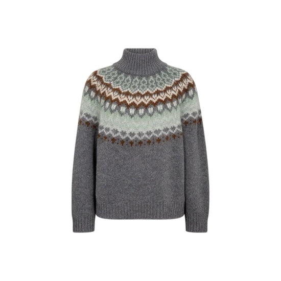 A gray knit turtleneck sweater with a traditional Fair Isle pattern across the yoke in shades of green, brown, and cream, displayed on a solid white background.