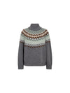 A gray knit turtleneck sweater with a traditional Fair Isle pattern across the yoke in shades of green, brown, and cream, displayed on a solid white background.