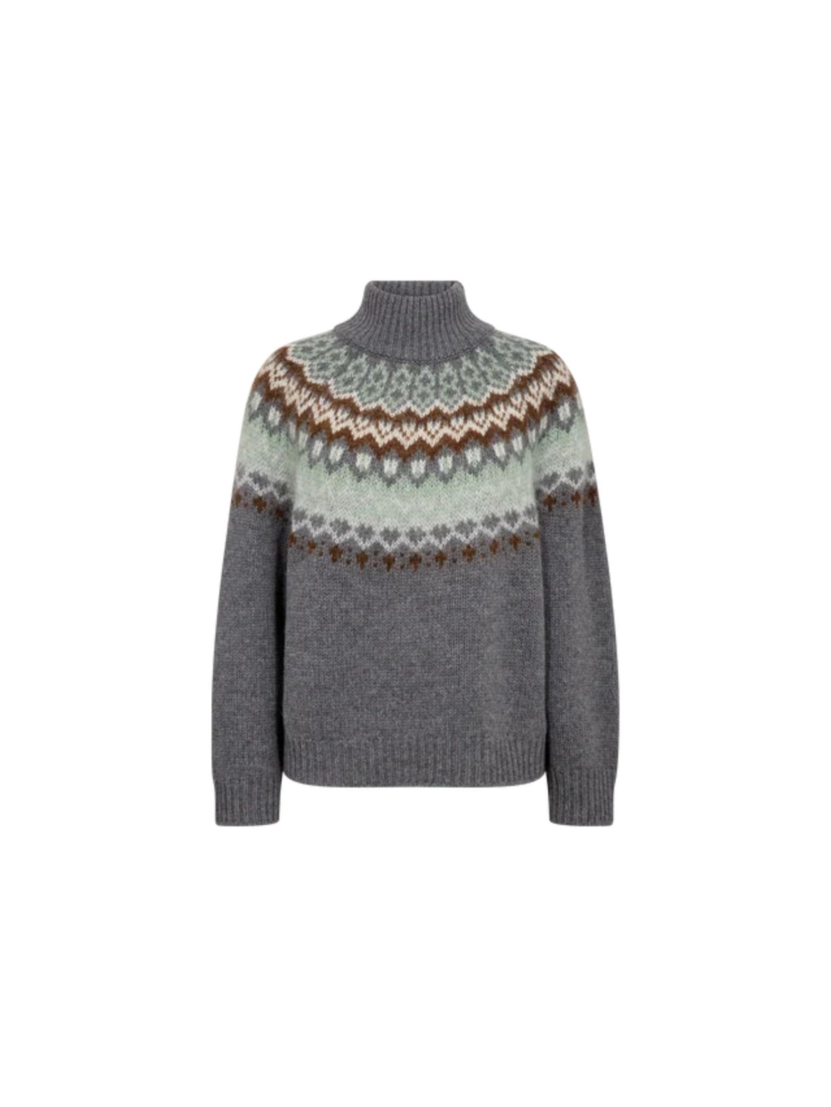 A gray knit turtleneck sweater with a traditional Fair Isle pattern across the yoke in shades of green, brown, and cream, displayed on a solid white background.