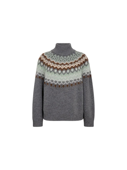 A gray knit turtleneck sweater with a traditional Fair Isle pattern across the yoke in shades of green, brown, and cream, displayed on a solid white background.