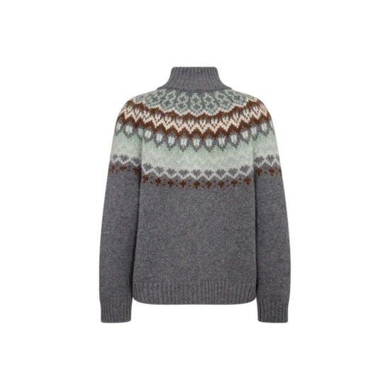 A gray knit turtleneck sweater with a traditional Fair Isle pattern across the yoke in shades of brown, cream, and light green, shown against a plain white background.