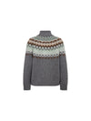A gray knit turtleneck sweater with a traditional Fair Isle pattern across the yoke in shades of brown, cream, and light green, shown against a plain white background.