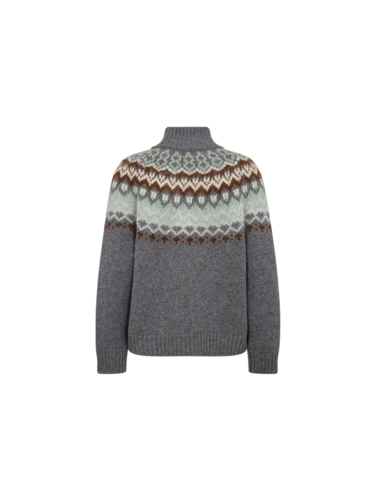 A gray knit turtleneck sweater with a traditional Fair Isle pattern across the yoke in shades of brown, cream, and light green, shown against a plain white background.
