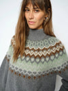 Woman wearing a gray sweater with a patterned design on a plain background