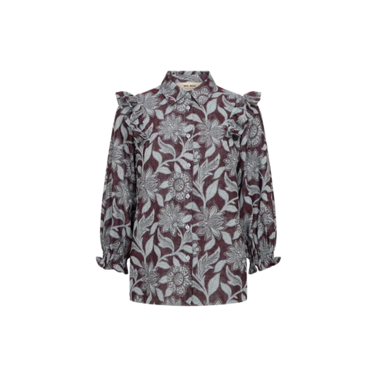 A long-sleeve blouse with a dark burgundy base and a gray floral and leaf pattern, featuring ruffled shoulder details and a pointed collar, shown against a plain white background.