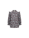 A long-sleeve blouse with a dark burgundy base and a gray floral and leaf pattern, featuring ruffled shoulder details and a pointed collar, shown against a plain white background.