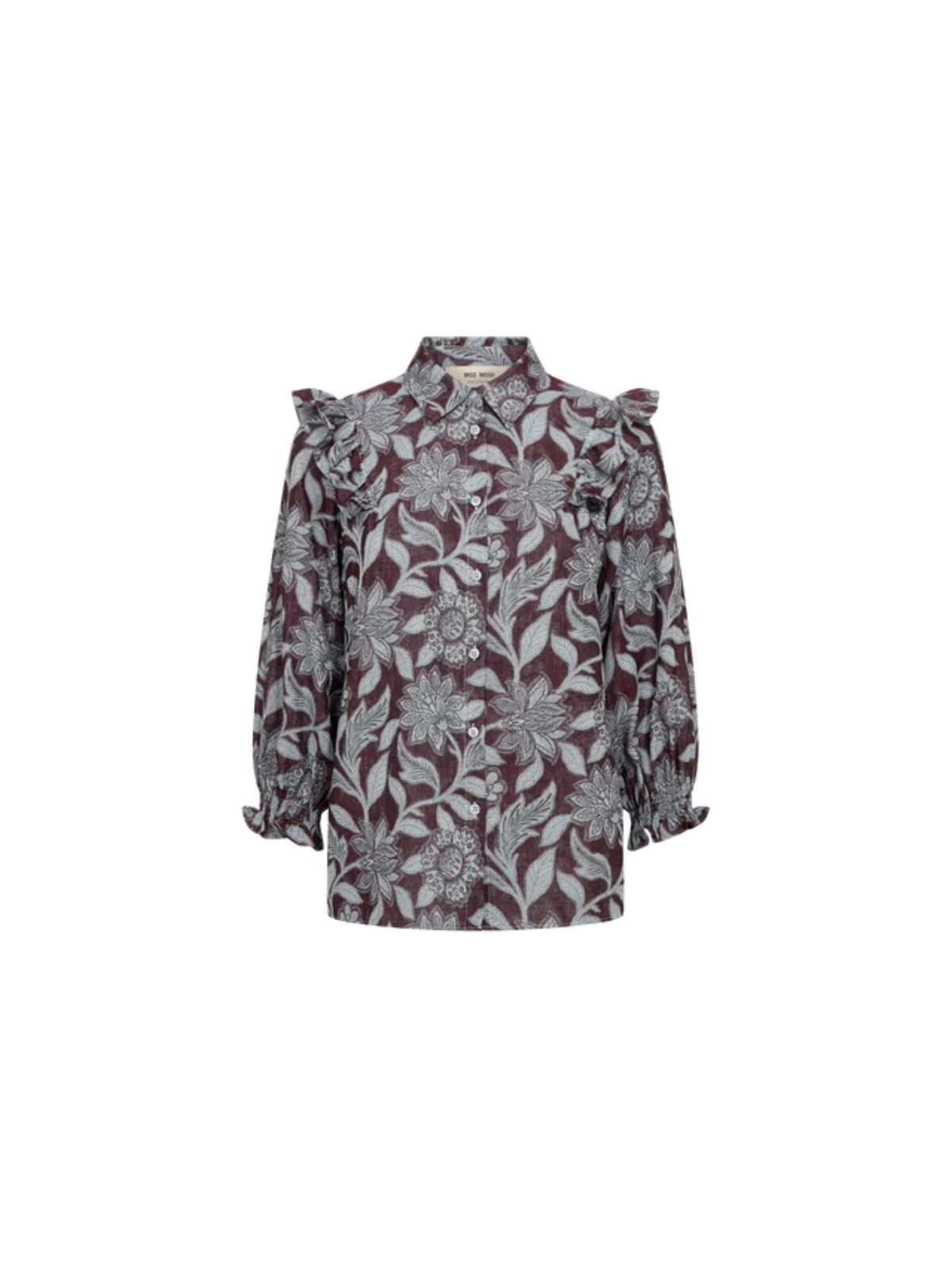 A long-sleeve blouse with a dark burgundy base and a gray floral and leaf pattern, featuring ruffled shoulder details and a pointed collar, shown against a plain white background.