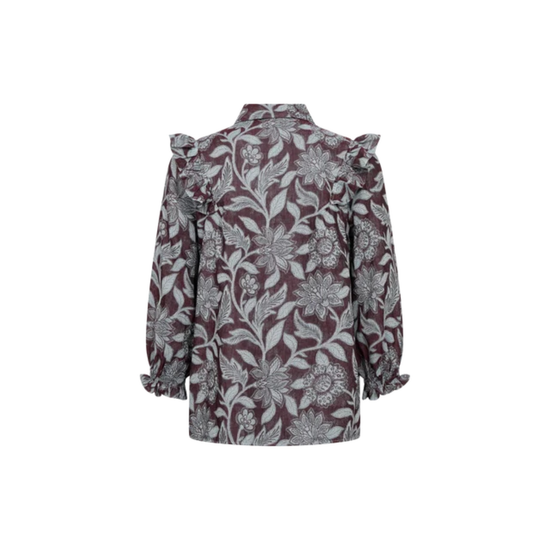 A long-sleeve blouse with a dark burgundy base and a gray floral and leaf pattern, featuring ruffled shoulder details and a pointed collar, shown against a plain white background.