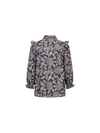 A long-sleeve blouse with a dark burgundy base and a gray floral and leaf pattern, featuring ruffled shoulder details and a pointed collar, shown against a plain white background.