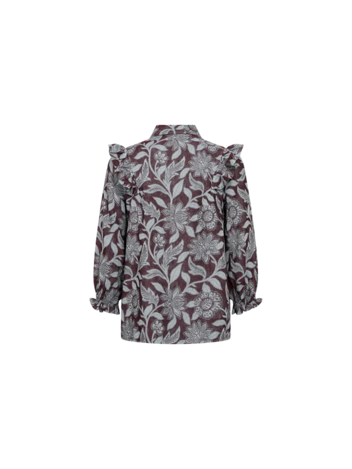 A long-sleeve blouse with a dark burgundy base and a gray floral and leaf pattern, featuring ruffled shoulder details and a pointed collar, shown against a plain white background.
