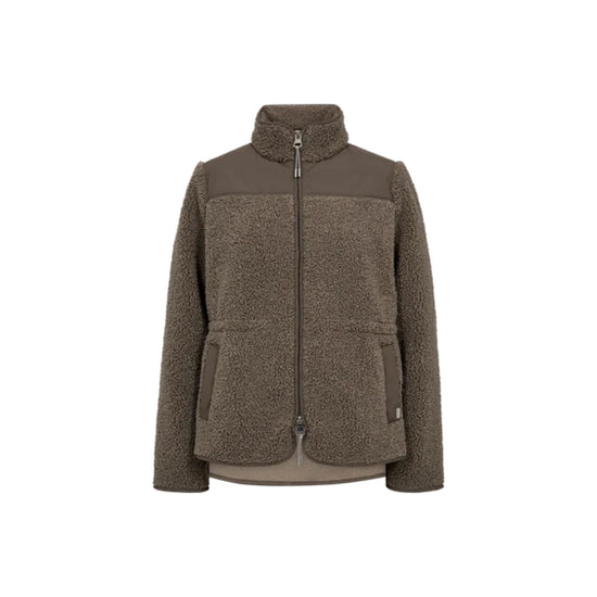 A women's zip-up fleece jacket in a solid olive color, featuring a mock neck collar and zippered hand pockets, shown against a plain white background.