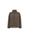 A women's zip-up fleece jacket in a solid olive color, featuring a mock neck collar and zippered hand pockets, shown against a plain white background.