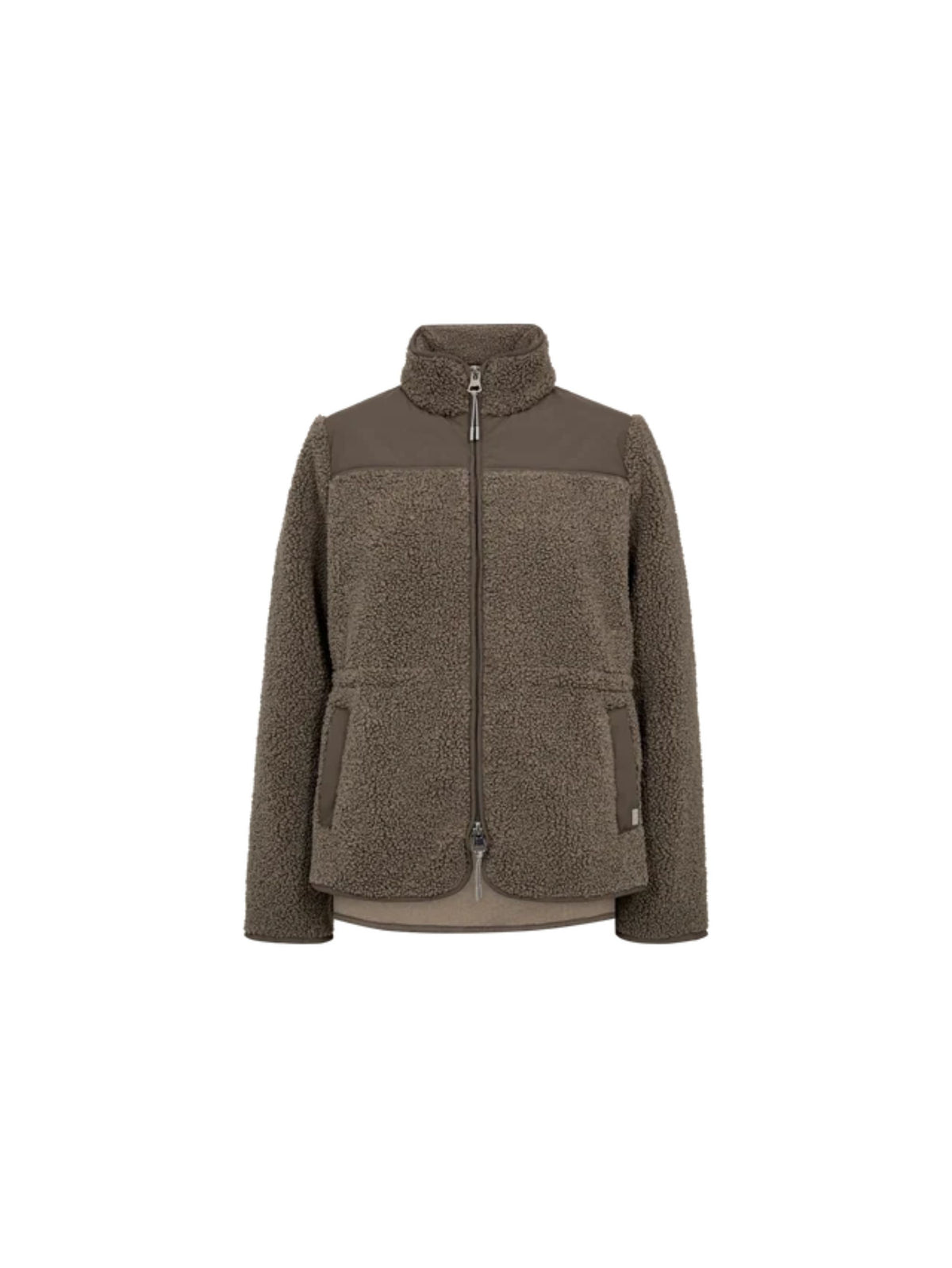 A women's zip-up fleece jacket in a solid olive color, featuring a mock neck collar and zippered hand pockets, shown against a plain white background.