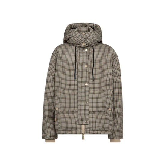 A hooded puffer jacket with a small-scale beige and gray houndstooth pattern, featuring a front zipper, snap buttons, and drawstrings, shown against a plain white background.