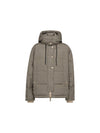 A hooded puffer jacket with a small-scale beige and gray houndstooth pattern, featuring a front zipper, snap buttons, and drawstrings, shown against a plain white background.