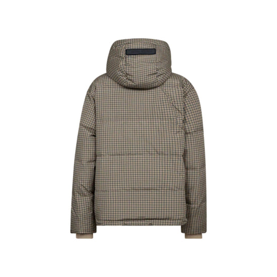 A hooded puffer jacket with a fine brown and beige checkered pattern, shown from the back against a plain white background.